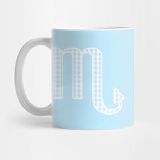 Scorpio Zodiac Horoscope Symbol in Pastel Blue and White Gingham Pattern Mug